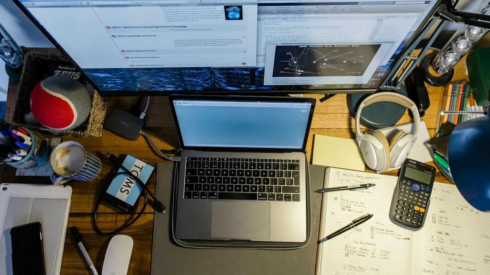 Desk with a laptop, monitor, calculator, and notes, used to estimate TOVA test cost