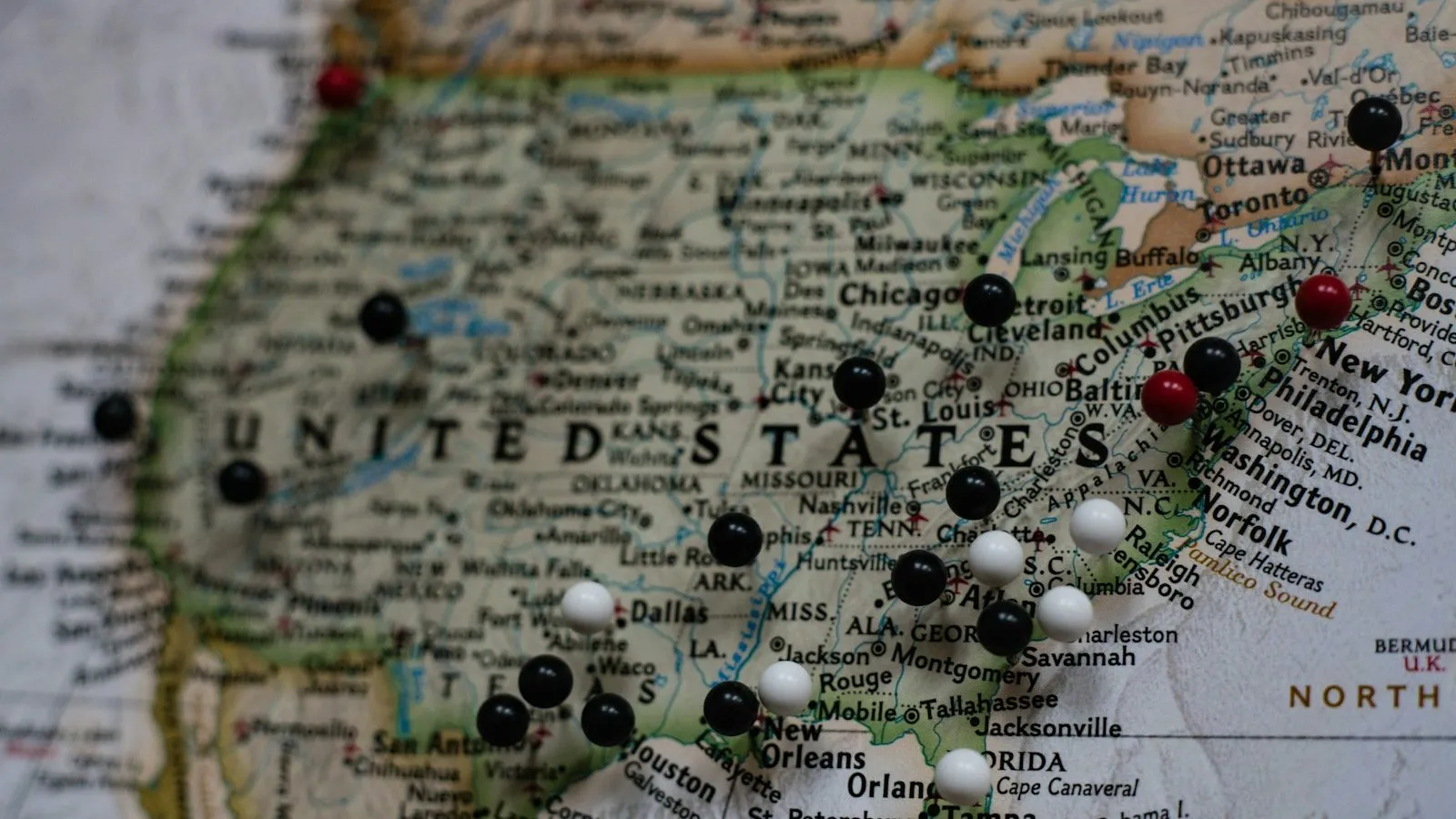 Map of the United States with pins marking different states